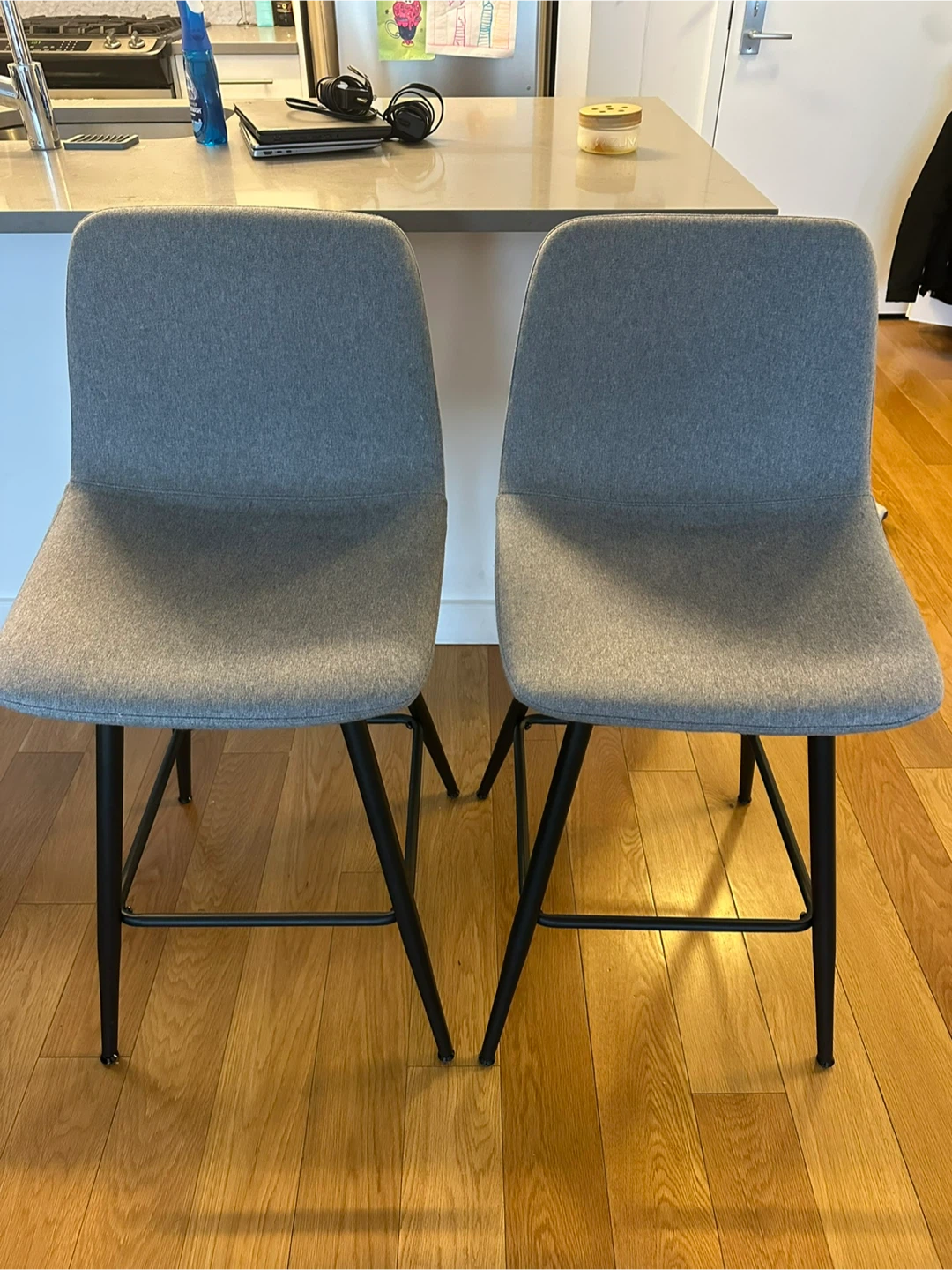 Set of 2 Gray Upholstered Bar Stools