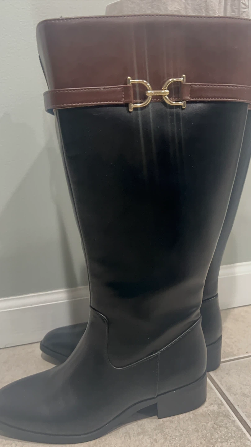 Black Tall Boots with Brown Accents - Size 6.5