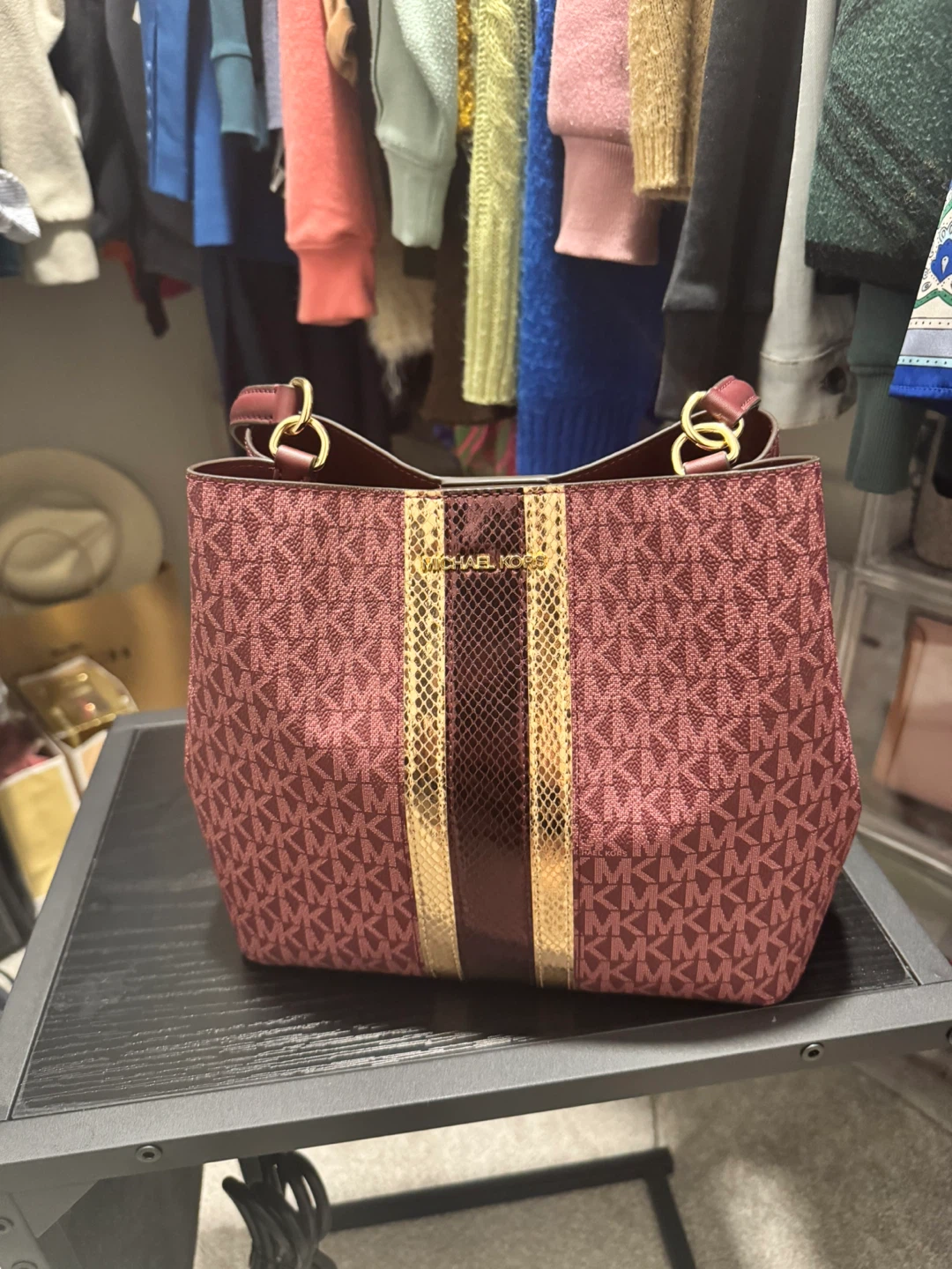 Michael Kors Burgundy MK Logo Bucket Bag with Gold Accents