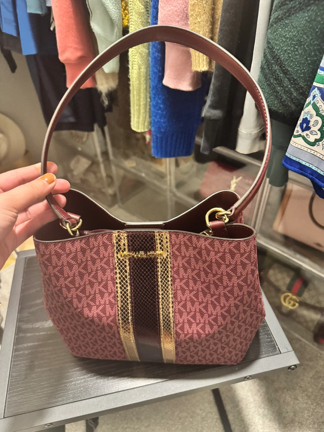 Michael Kors Burgundy MK Logo Bucket Bag with Gold Accents - photo 2