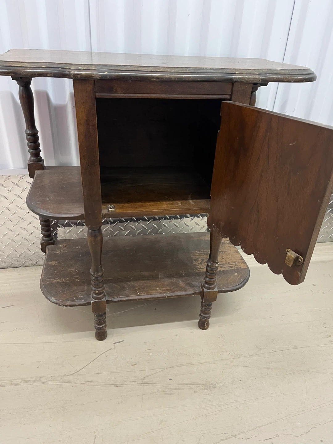 Antique Wooden Side Table with Cabinet and Shelves - photo 3