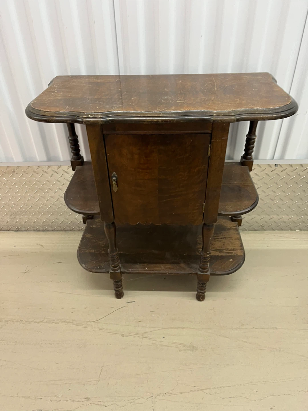 Antique Wooden Side Table with Cabinet and Shelves