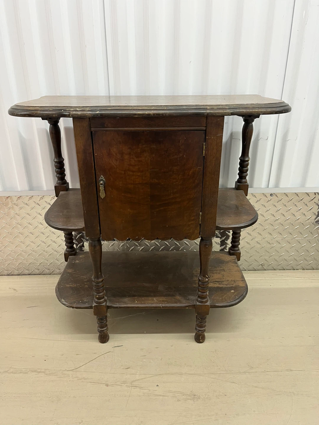 Antique Wooden Side Table with Cabinet and Shelves - photo 2