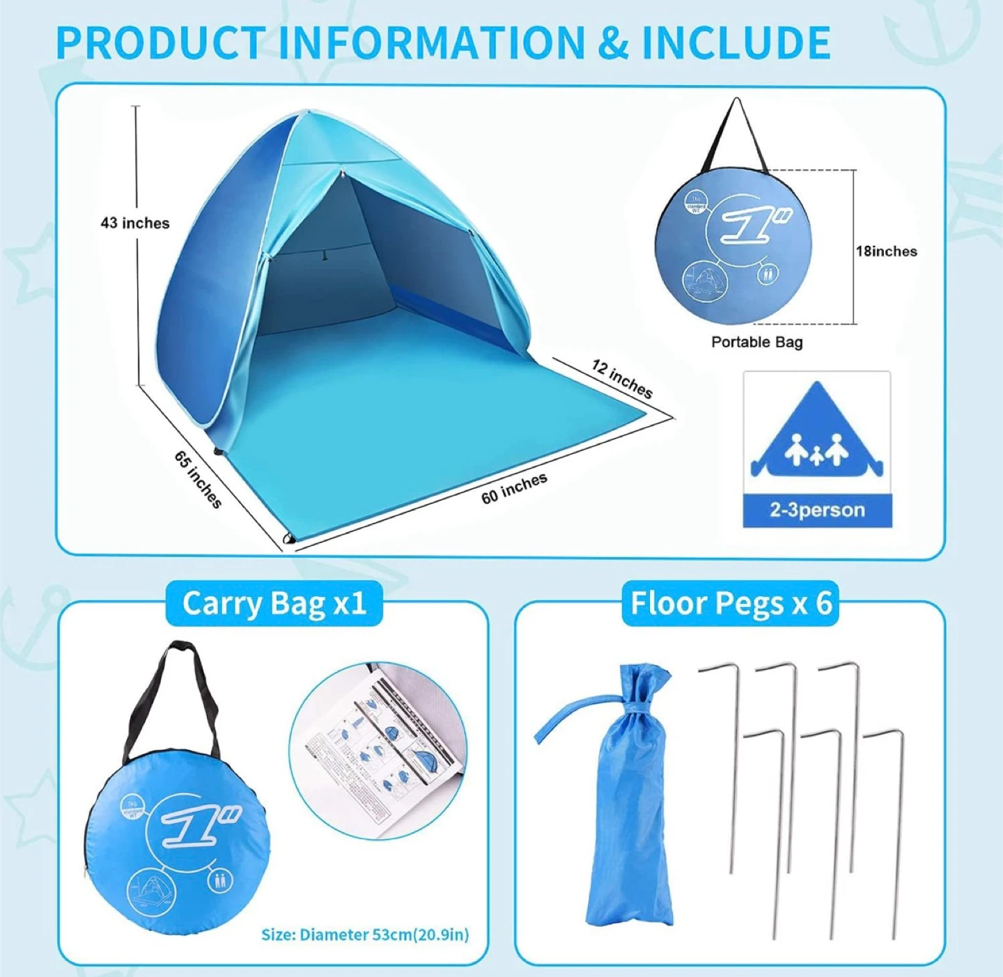 Zomake Swiftopen Blue Beach Tent - UPF 50+ - photo 3