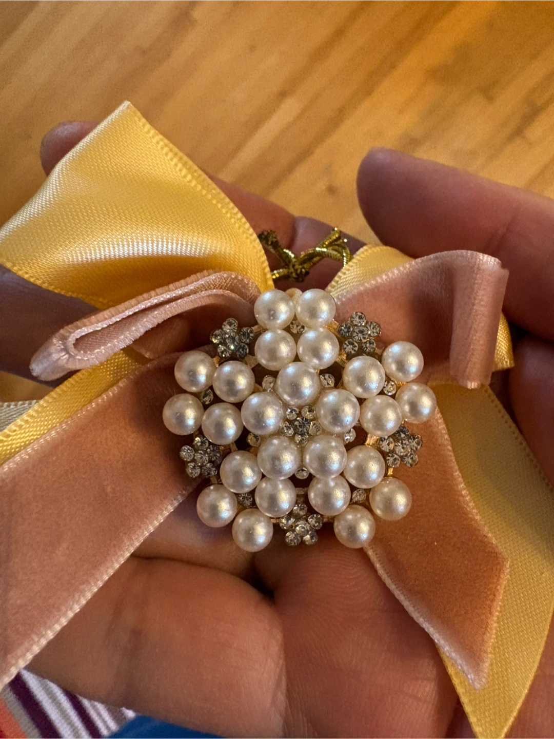 Pearl and Rhinestone Brooch with Velvet Ribbon Accent - photo 2