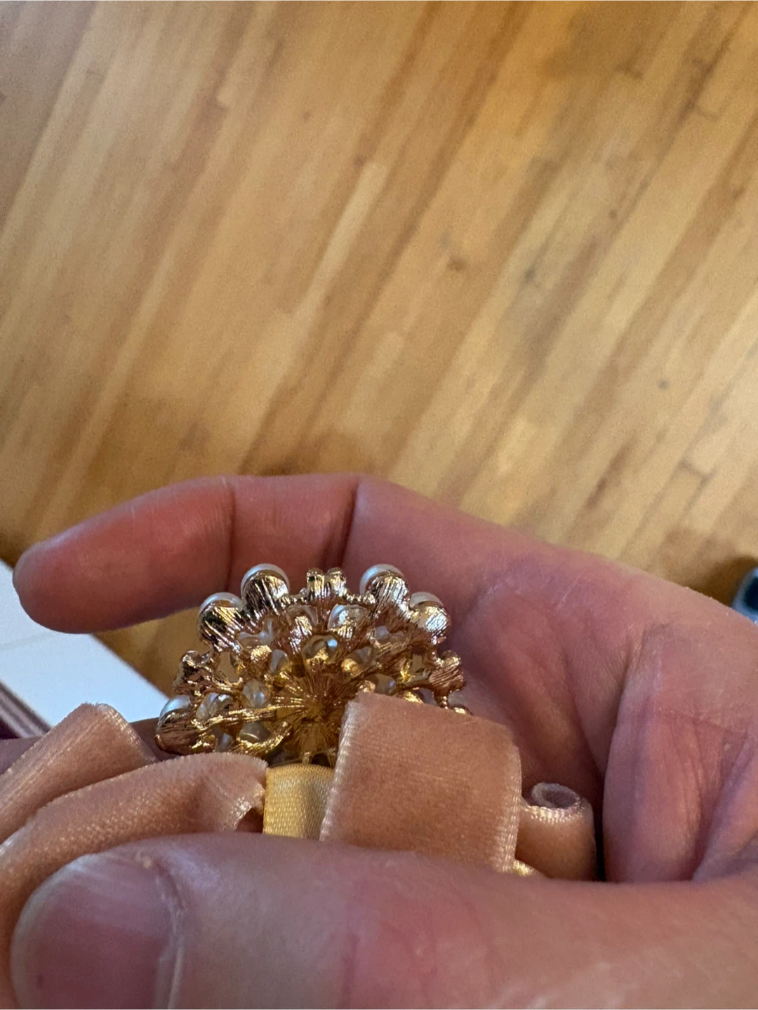 Pearl and Rhinestone Brooch with Velvet Ribbon Accent - photo 3
