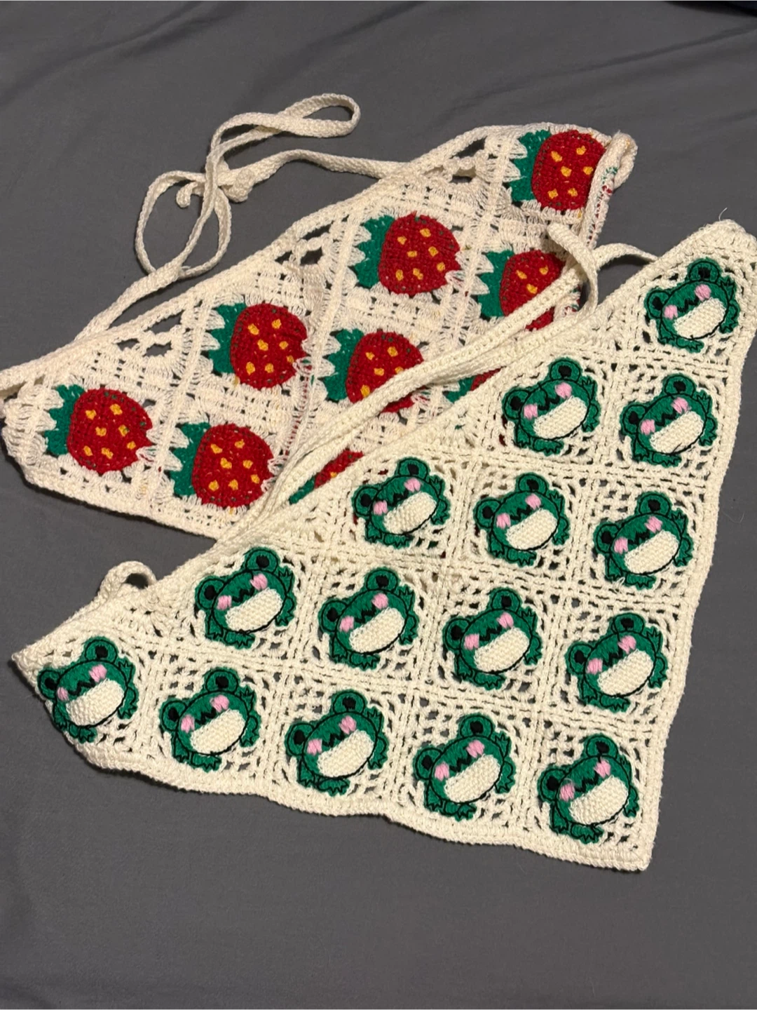Crocheted Strawberry and Frog Bandanas