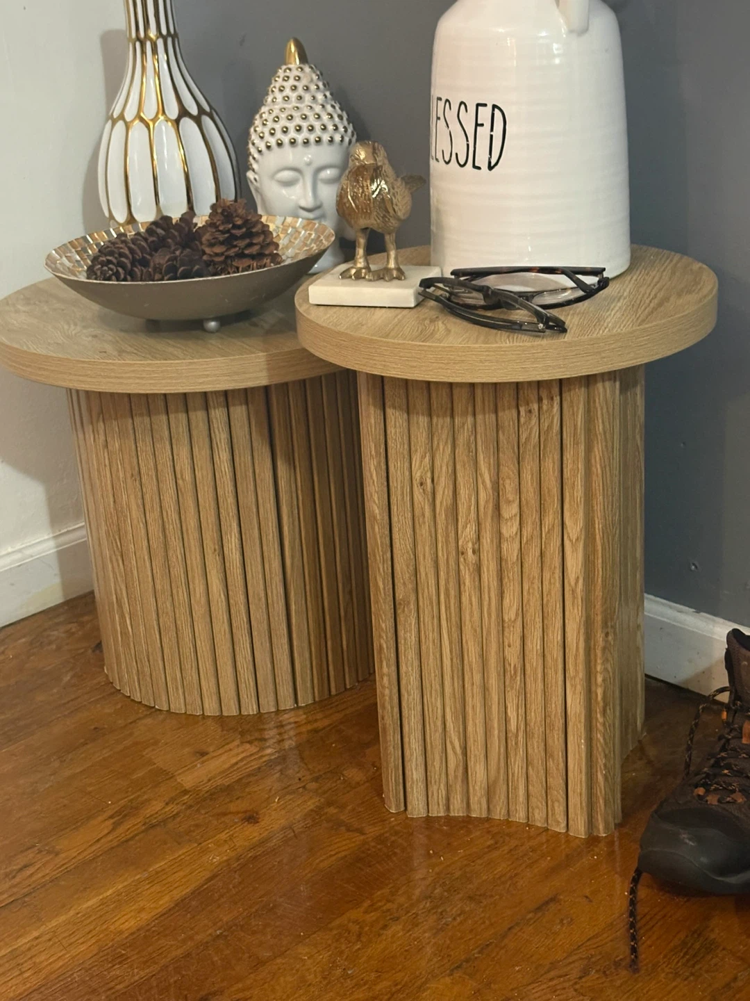 Set of 2 Wood Barrel Accent Side Tables