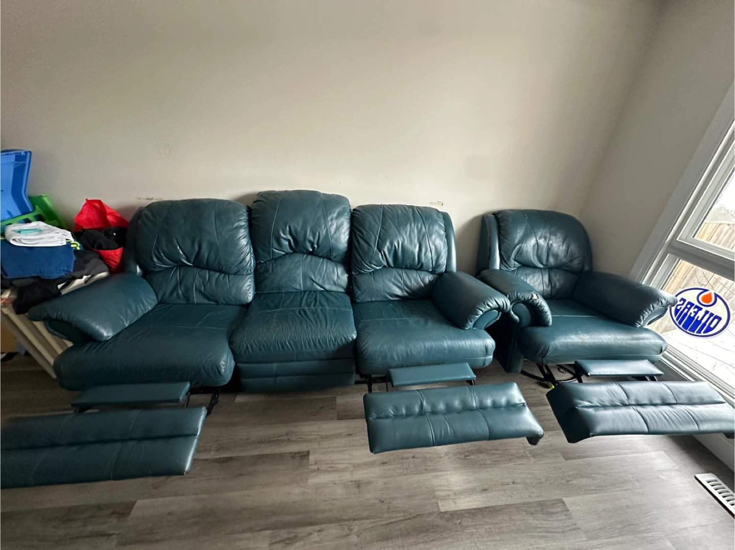 Teal Leather Reclining Sofa and Chair - photo 3