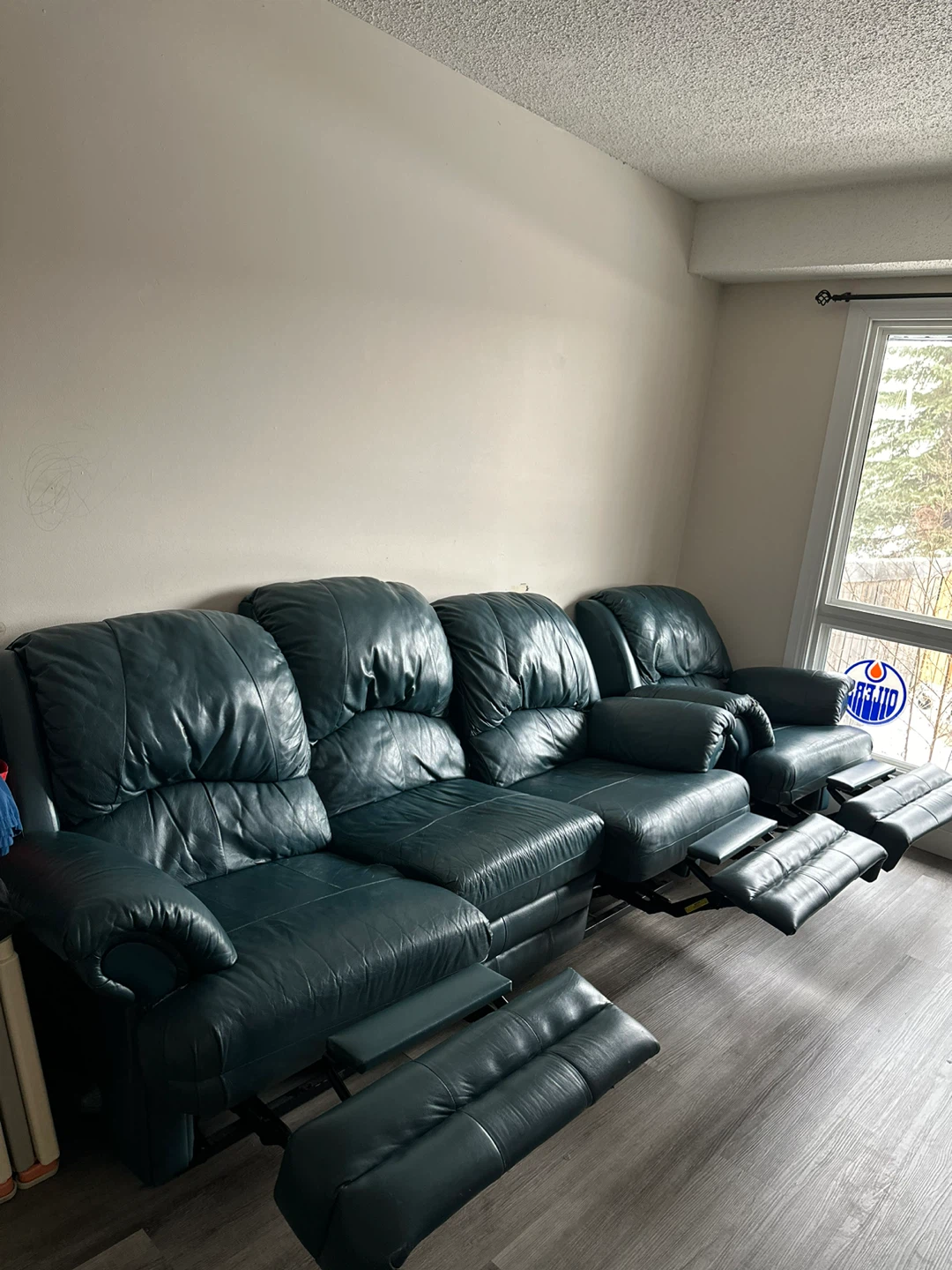 Teal Leather Reclining Sofa and Chair - photo 2
