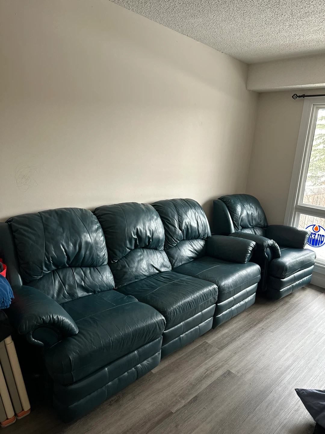 Teal Leather Reclining Sofa and Chair