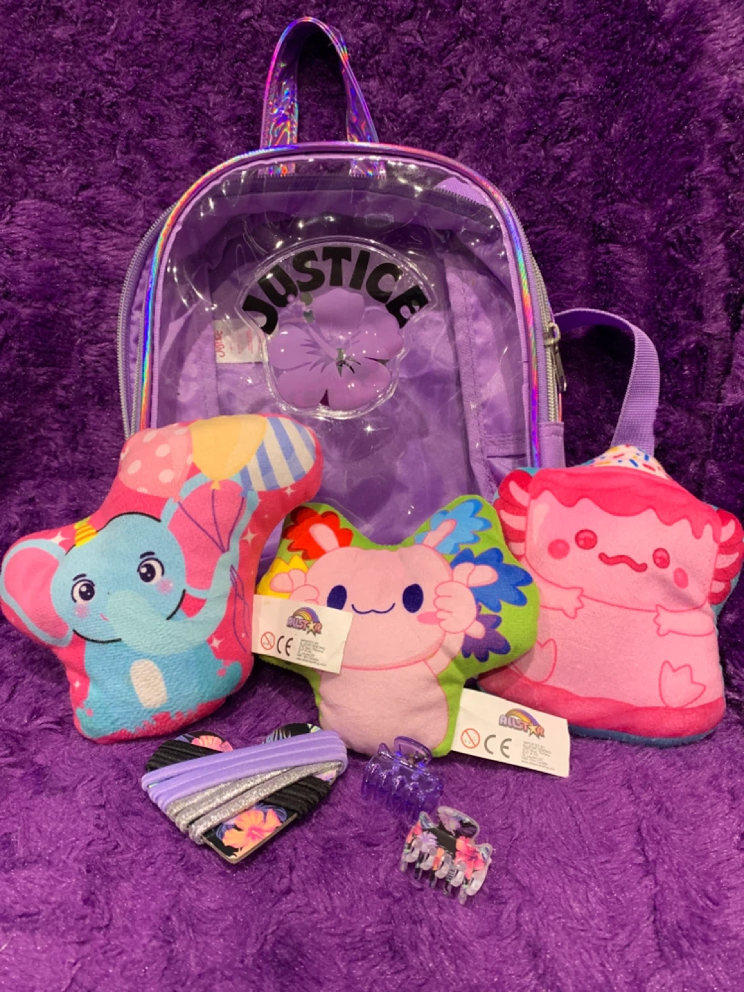 Justice Clear Backpack with Plushies and Hair Accessories