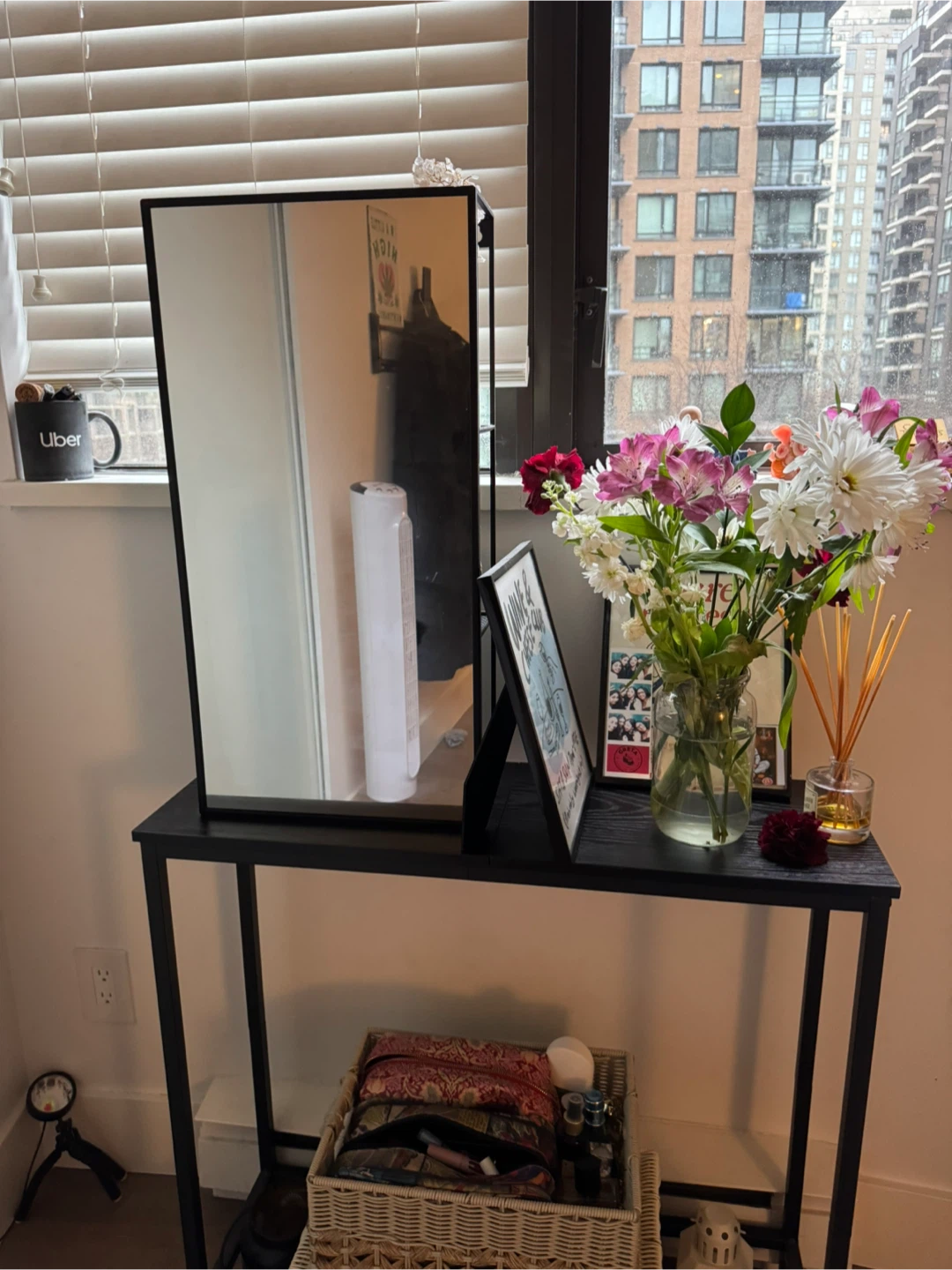 Black Console Table, Mirror, and Storage Baskets Bundle