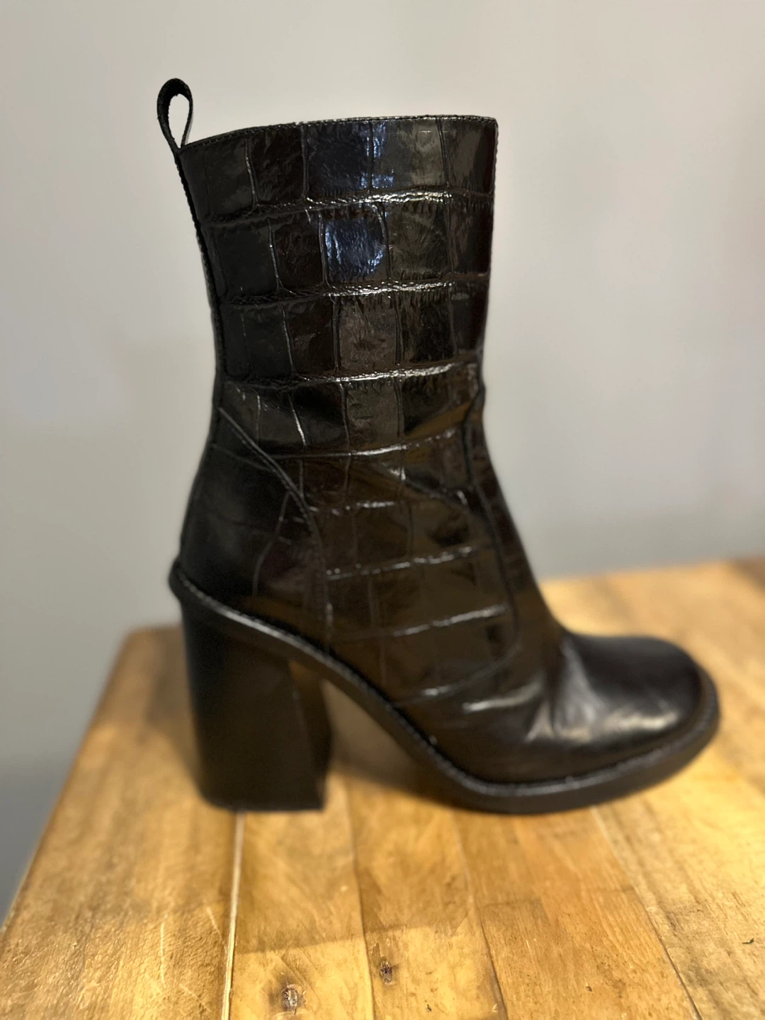 Black Croc Leather Heeled Boots
