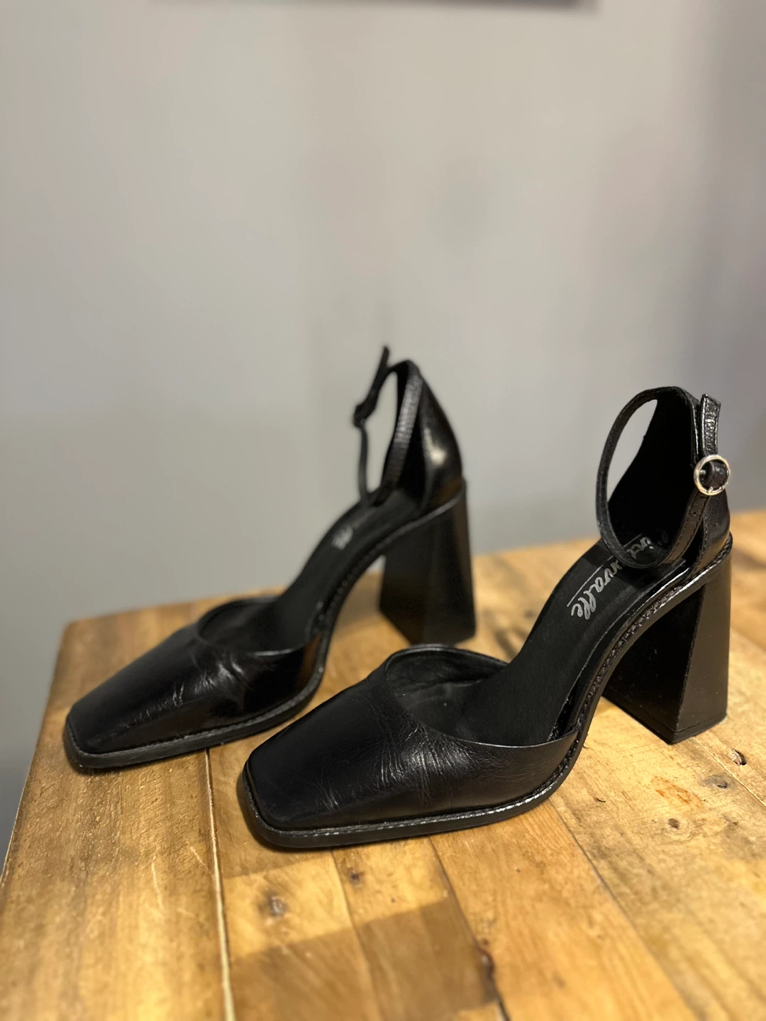 Black Leather Block Heels with Ankle Strap - photo 3
