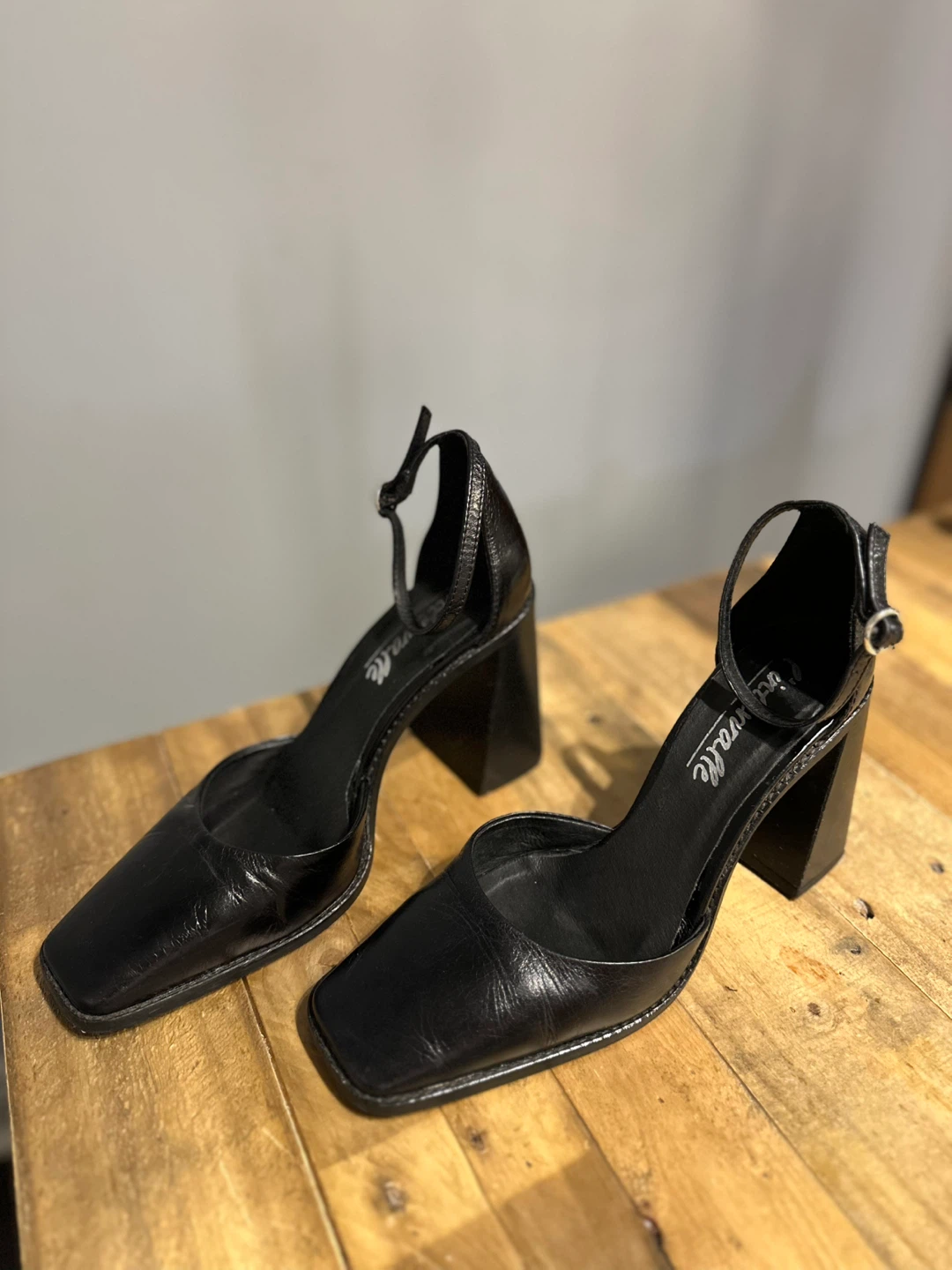Black Leather Block Heels with Ankle Strap - photo 2