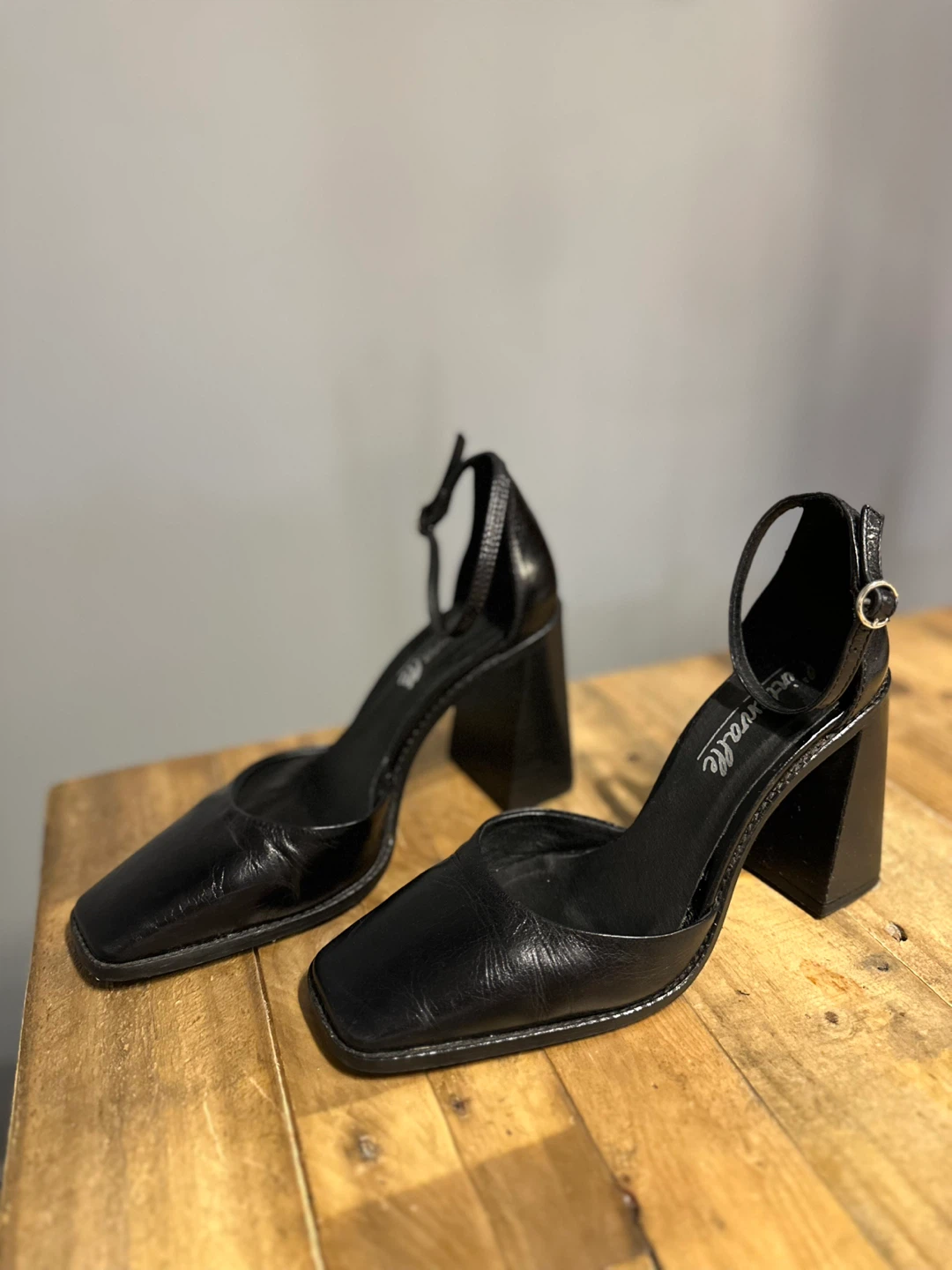 Black Leather Block Heels with Ankle Strap