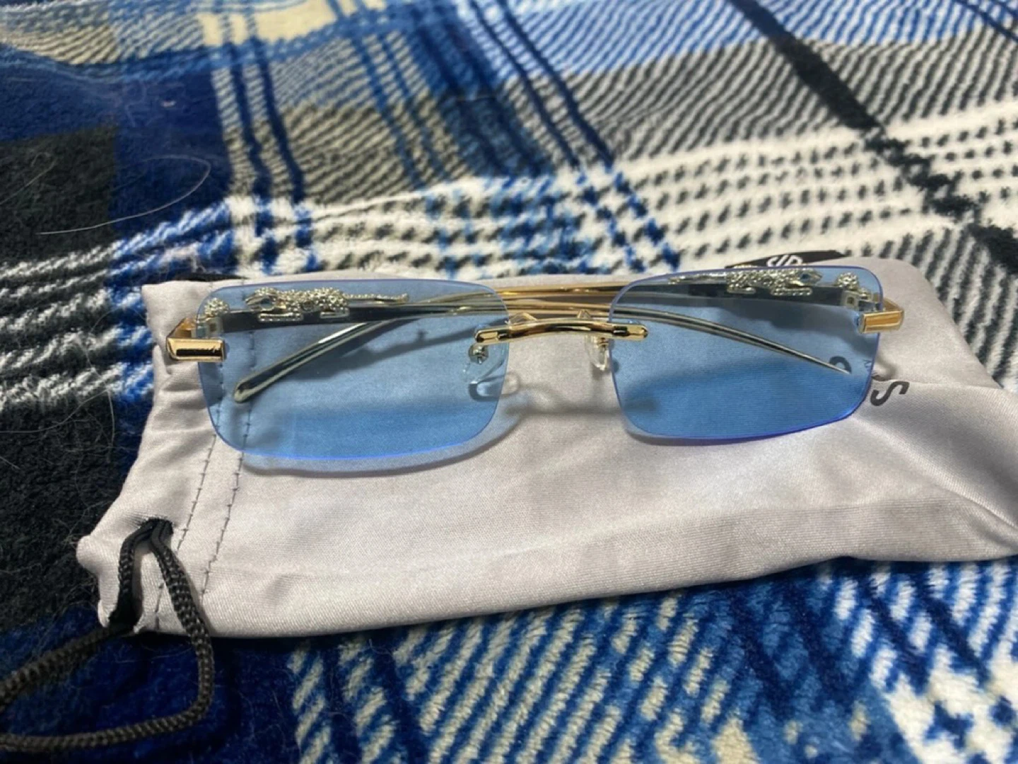 Rimless Blue Lens Sunglasses with Gold Frame