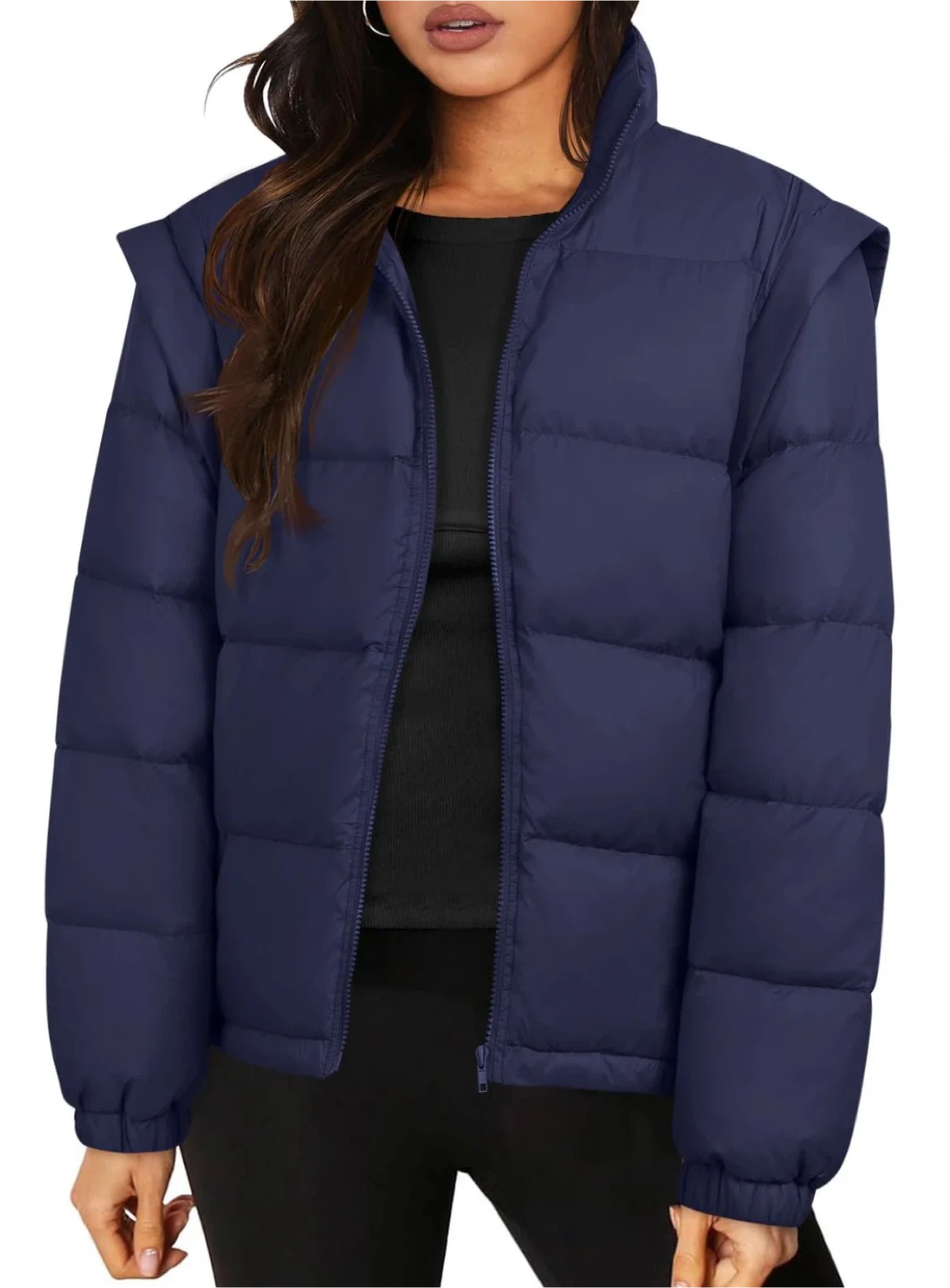 NEW! MEROKEETY NAVY DETACHABLE SLEEVES OVERSIZED PUFFER JACKET