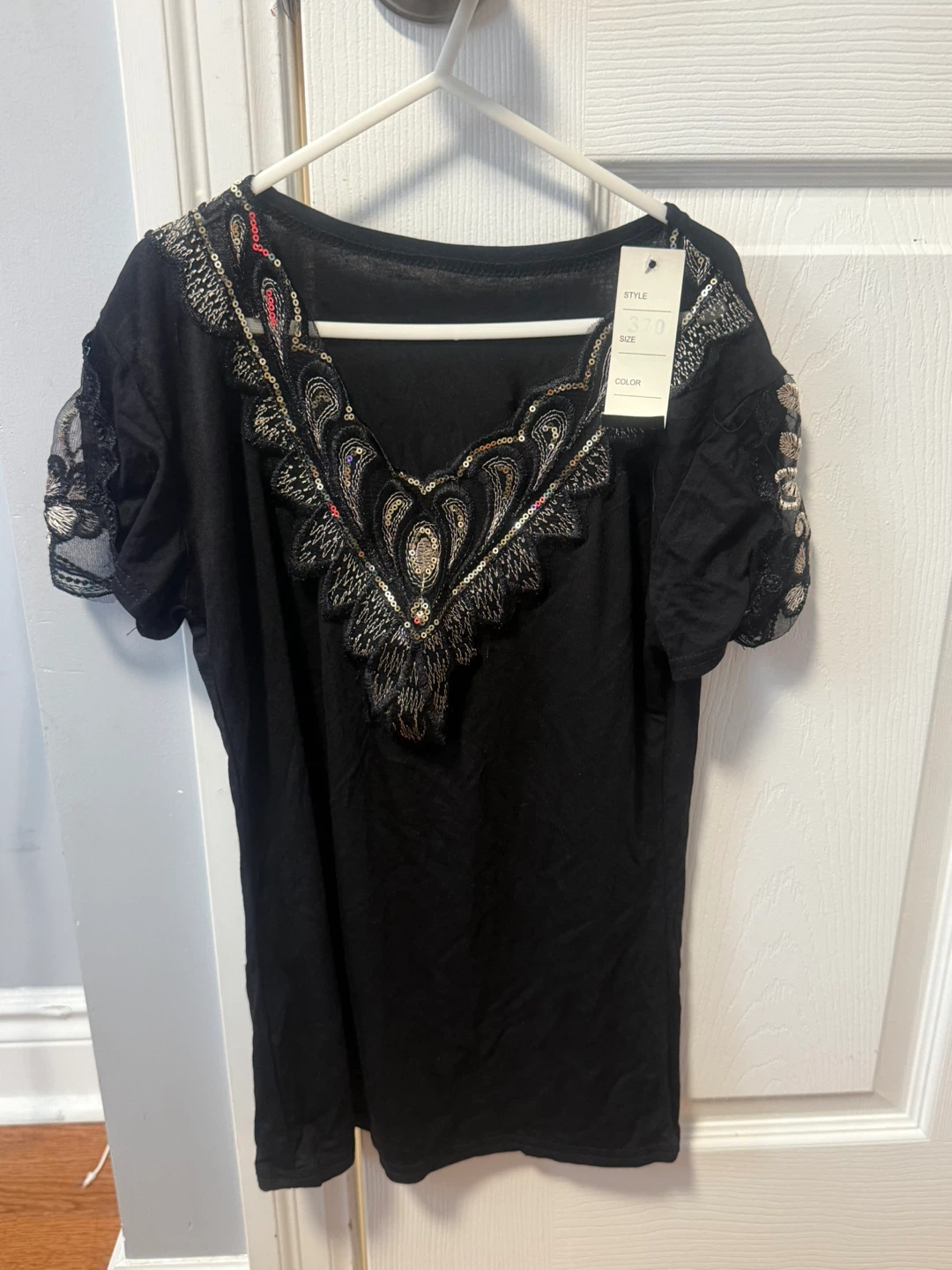 Black Embellished V-Neck T-Shirt