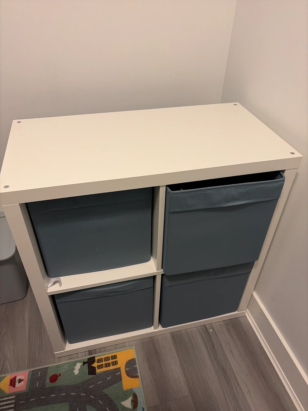IKEA KALLAX 4-Cube Storage Unit with Blue Fabric Bins