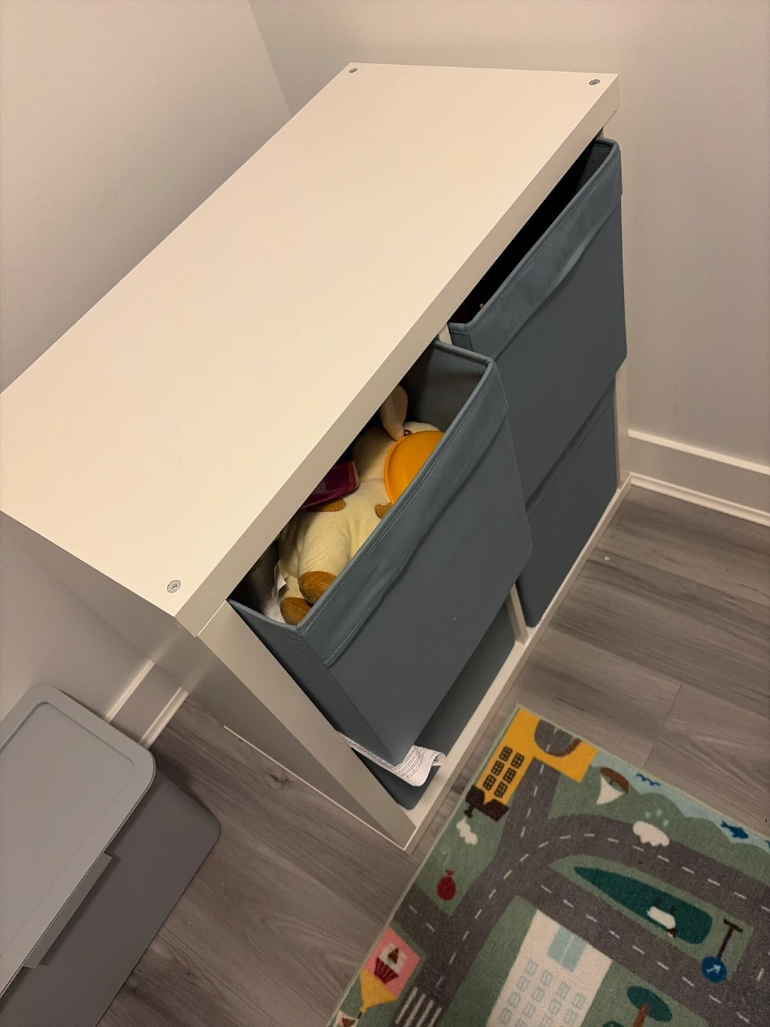 IKEA KALLAX 4-Cube Storage Unit with Blue Fabric Bins - photo 3