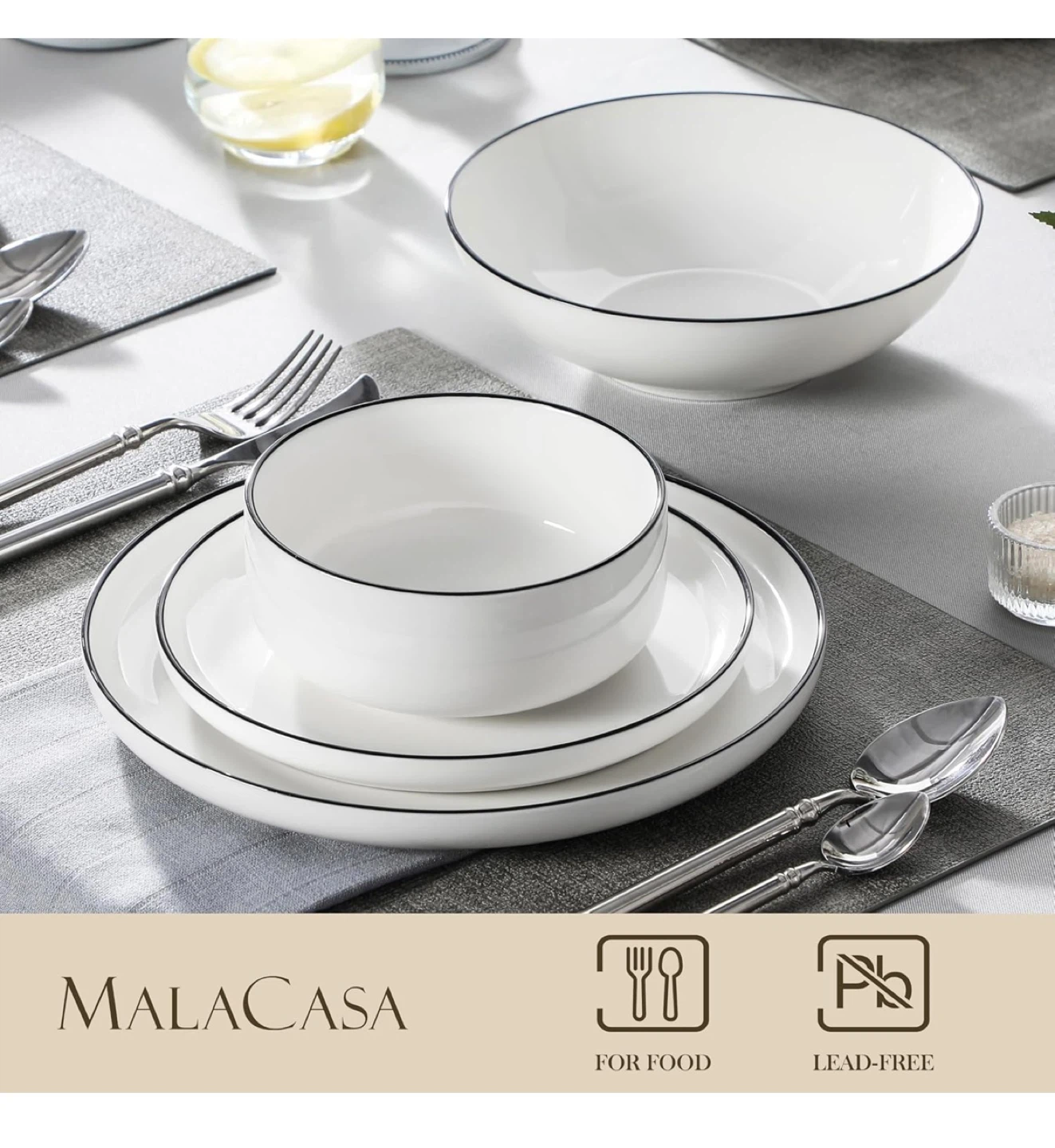 MALACASA White Dinnerware Set with Black Rim - photo 2
