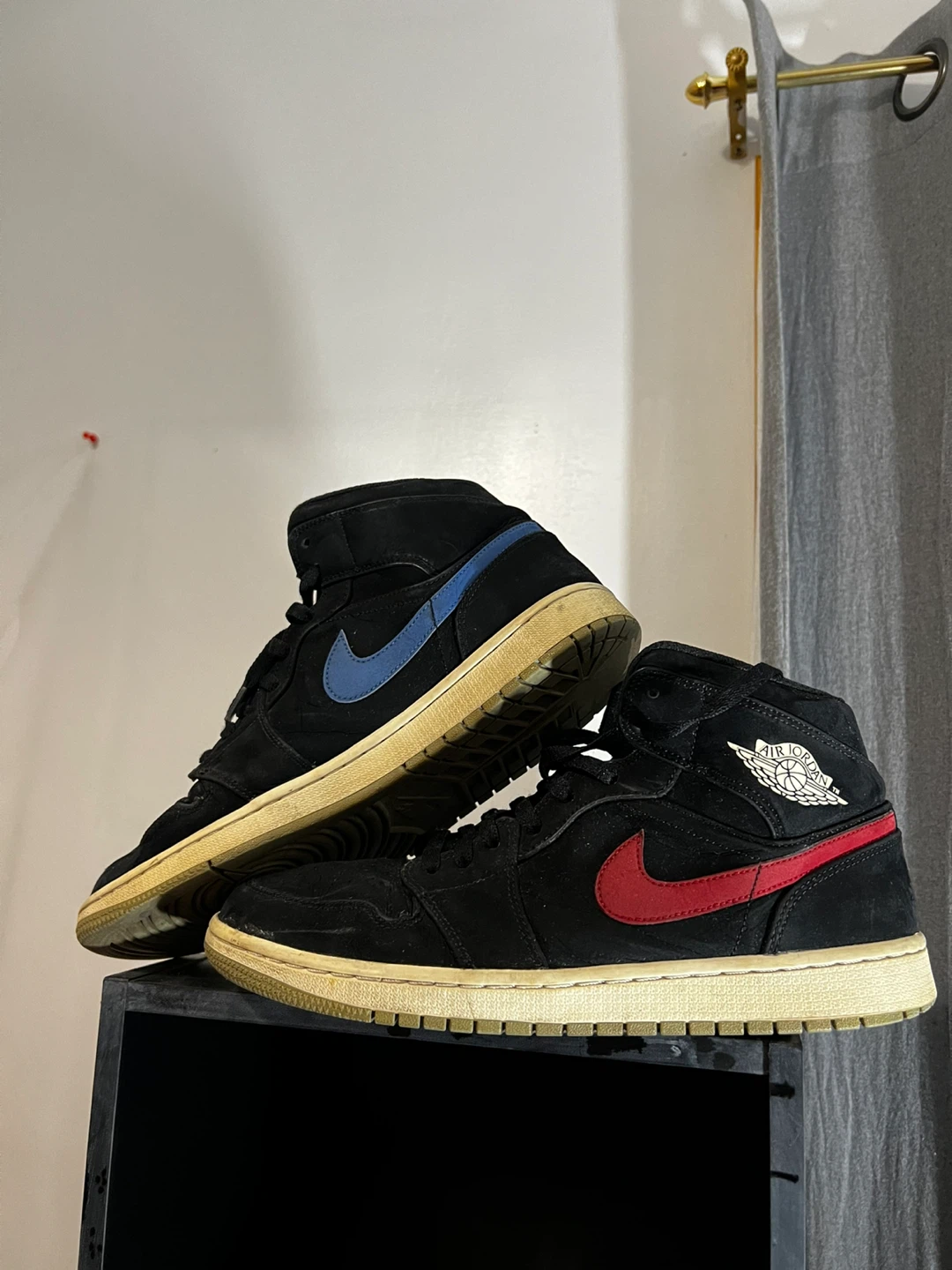 Air Jordan 1 Mid Black Red Blue Suede Sneakers