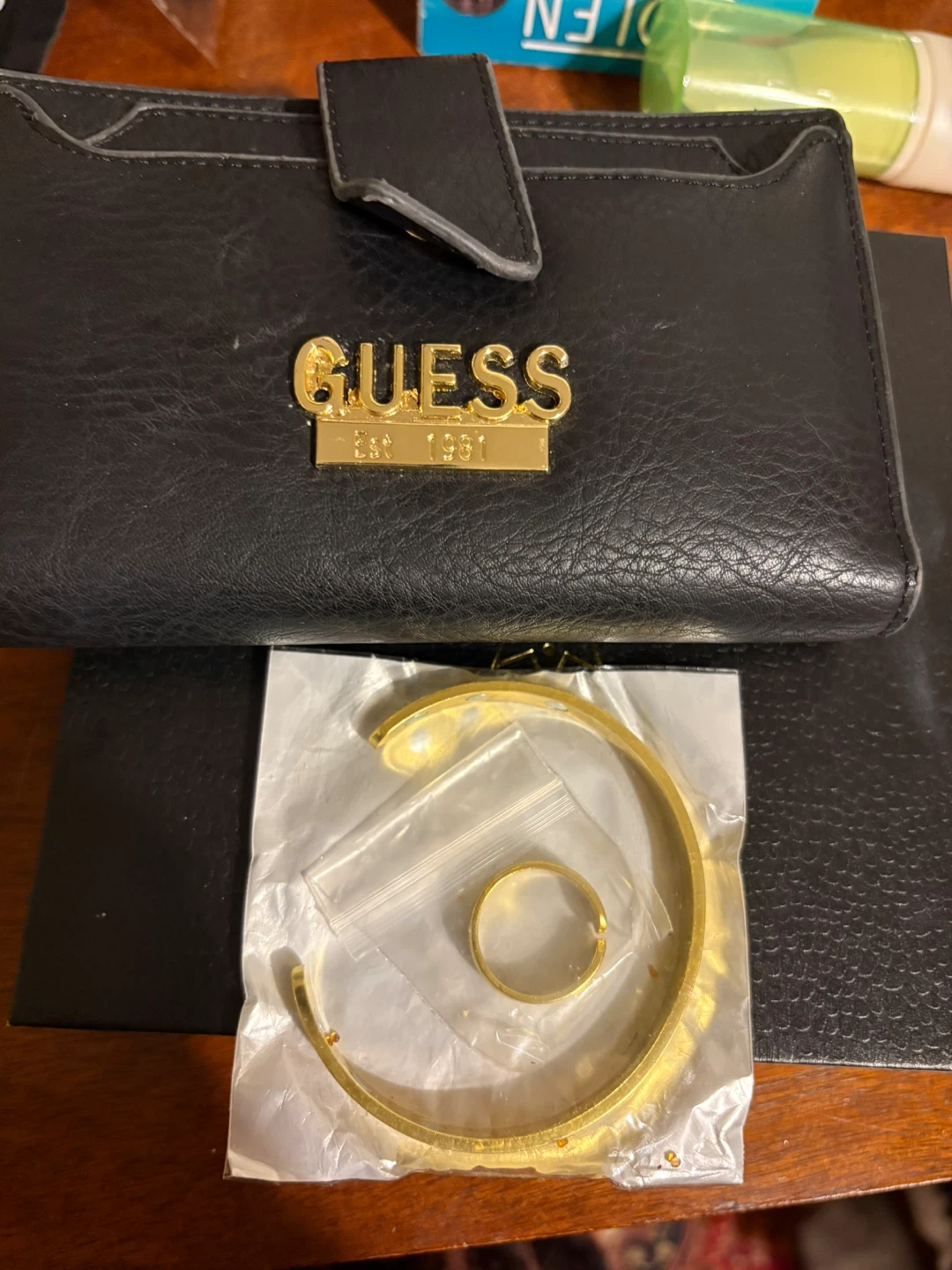 Guess Black Wallet and Gold Tone Bangle Bracelet & Ring Set