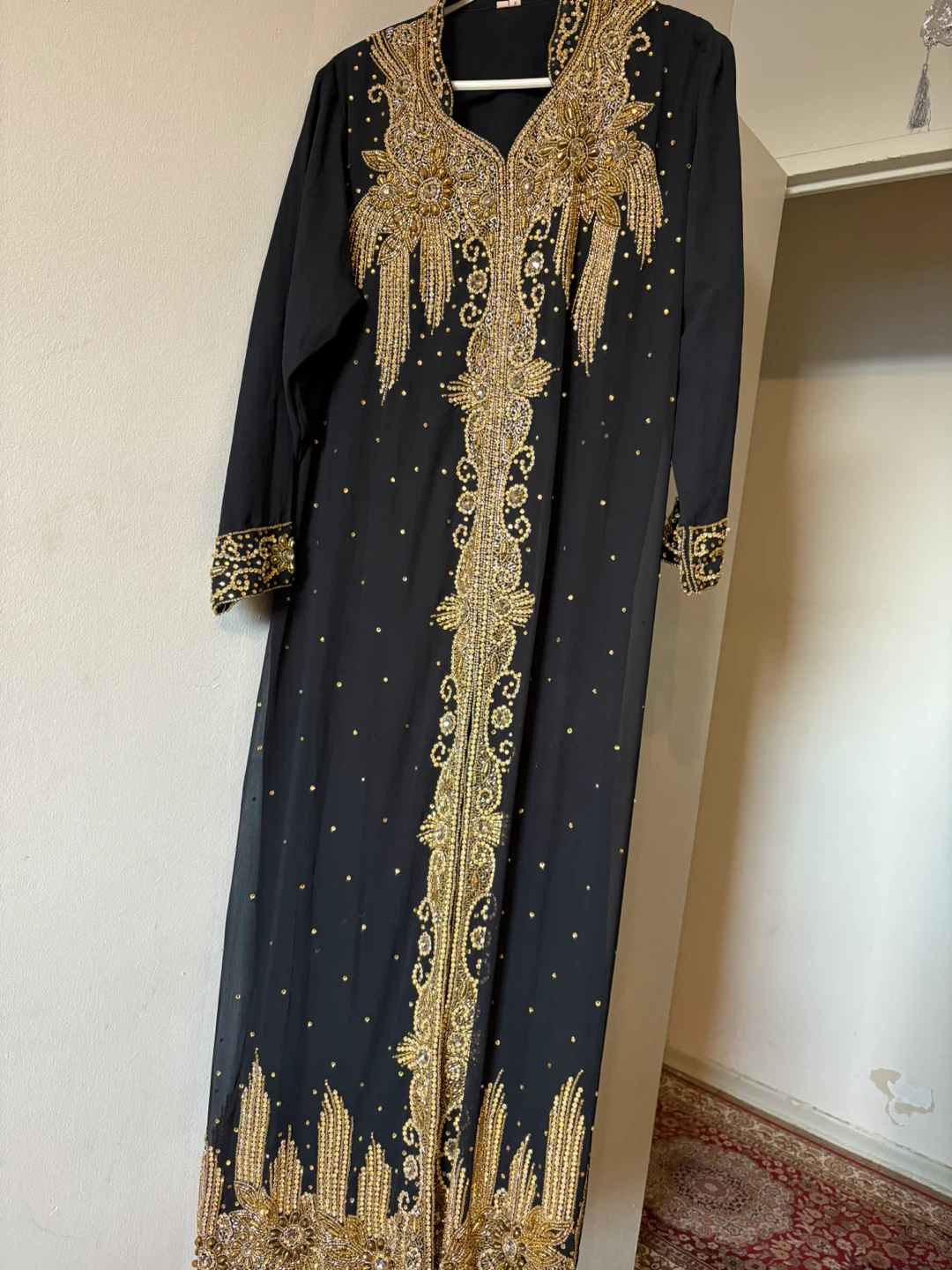 Black & Gold Beaded Kaftan Dress with Scarf pants