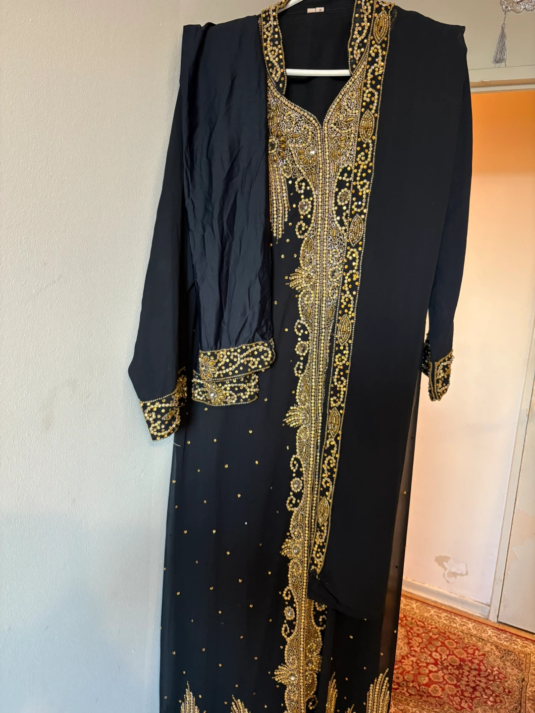 Black & Gold Beaded Kaftan Dress with Scarf pants - photo 3