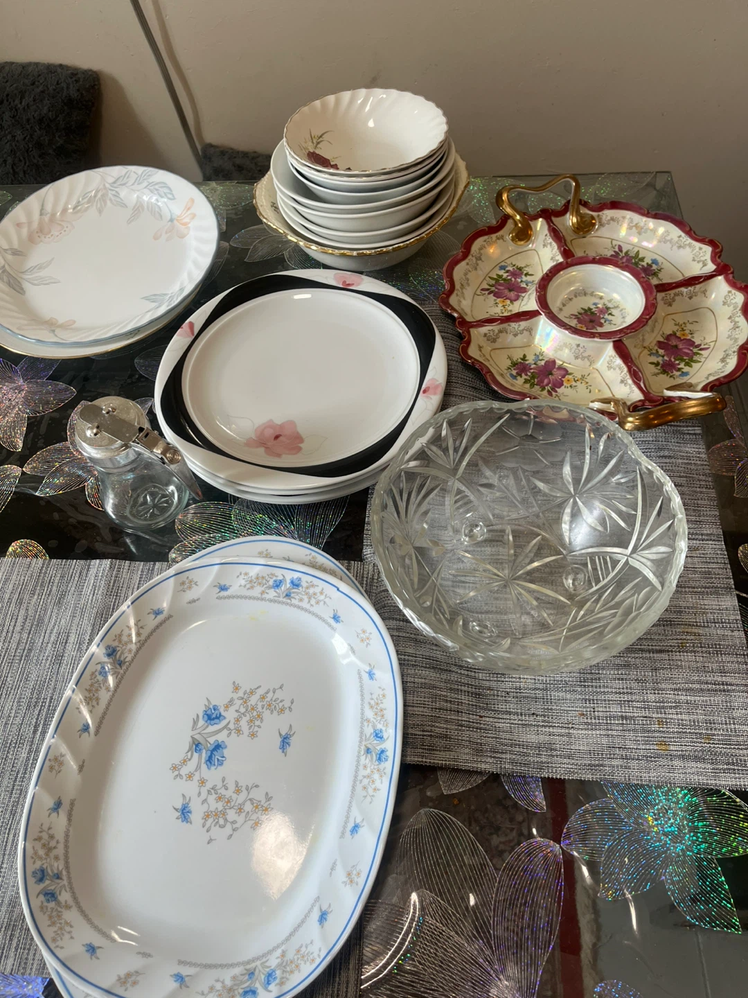 Mixed Dinnerware Set with Serving Platters and Glasses