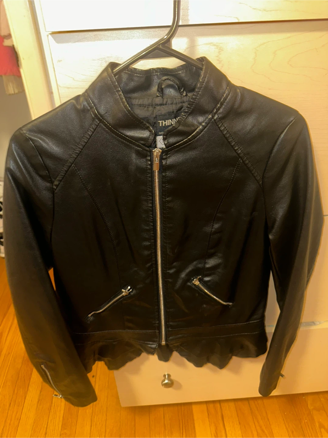 THINNER "Your Best Self" Black Faux Leather Jacket Size 7