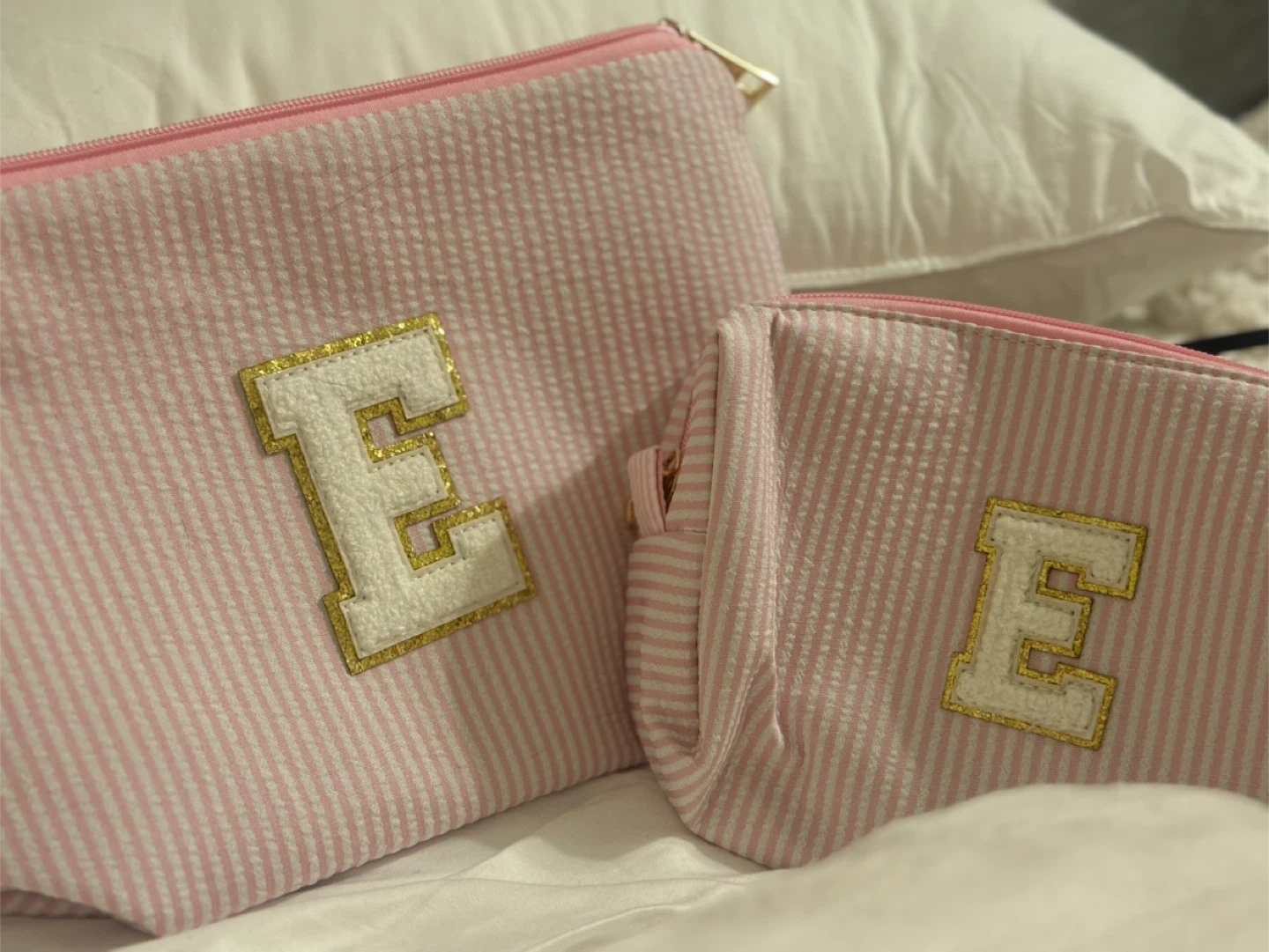 Pink Striped Cosmetic Bag Set with Letter E