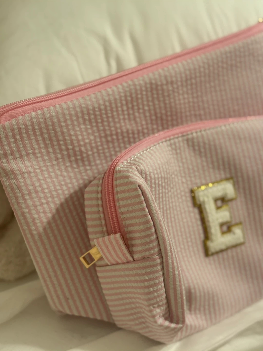Pink Striped Cosmetic Bag Set with Letter E - photo 2