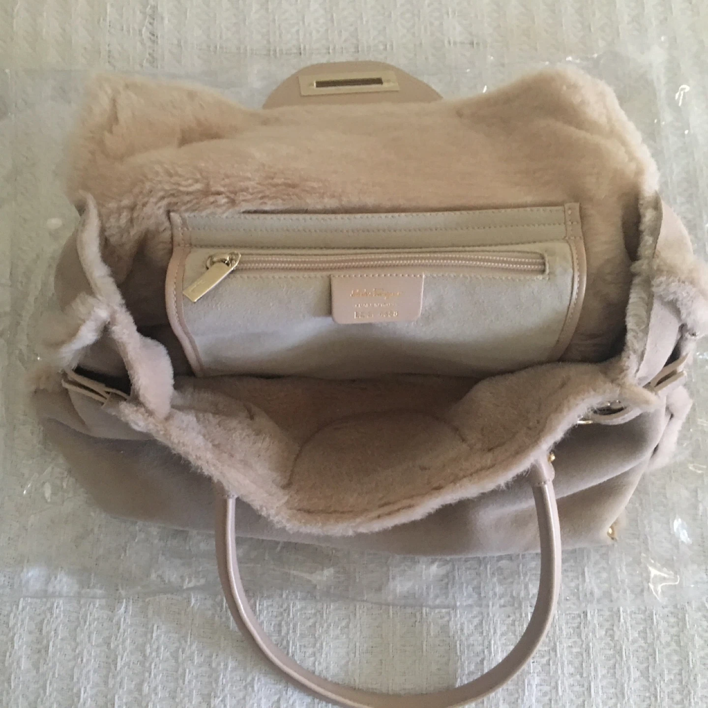 Salvatore Ferragamo Beige Suede Fur Trim Satchel Bag - photo 3