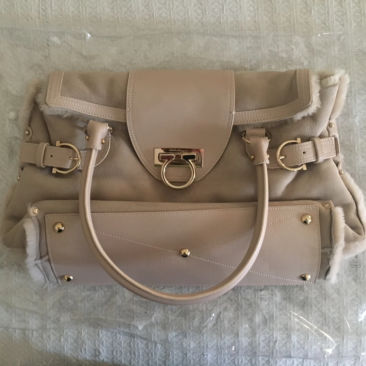 Salvatore Ferragamo Beige Suede Fur Trim Satchel Bag - photo 4