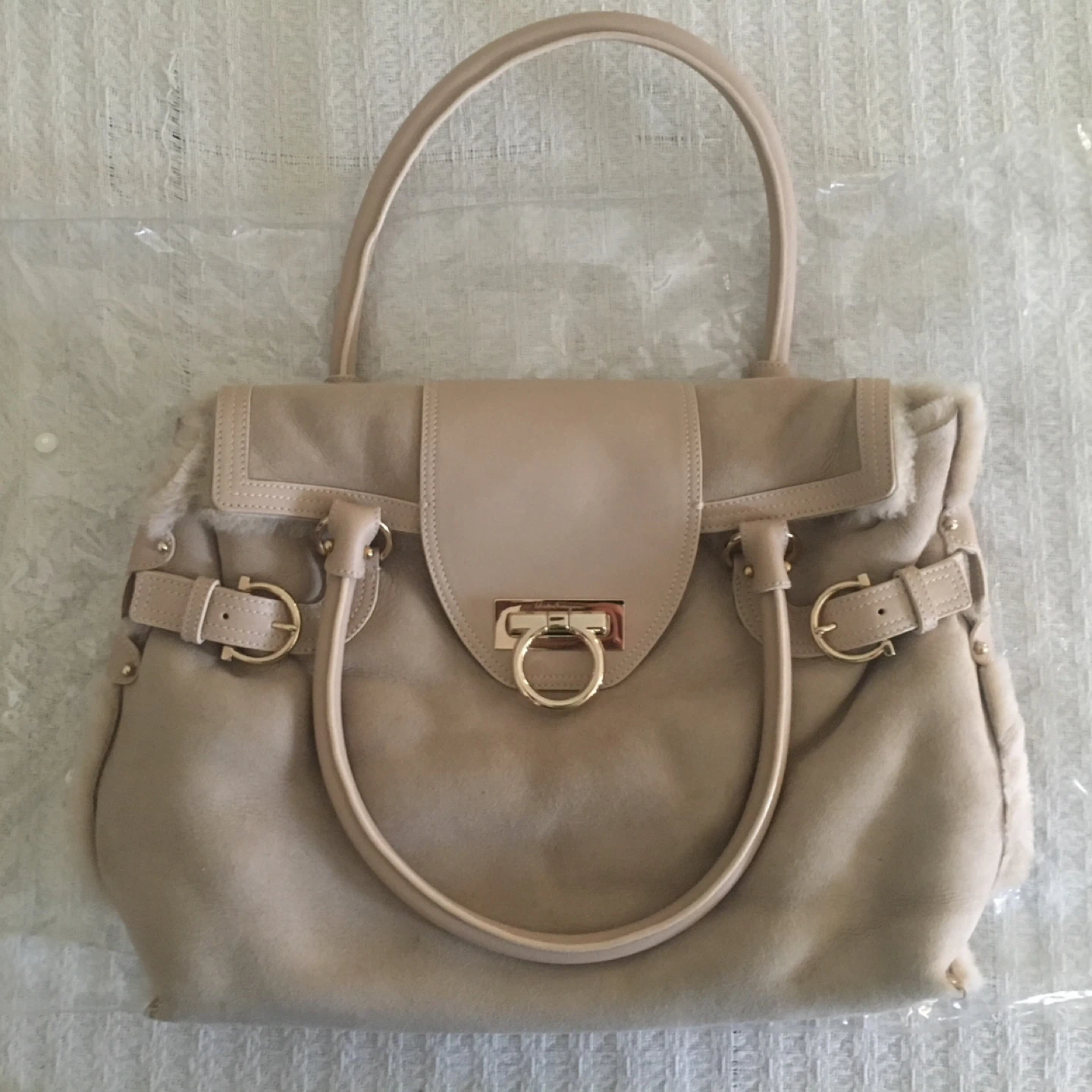Salvatore Ferragamo Beige Suede Fur Trim Satchel Bag - photo 5