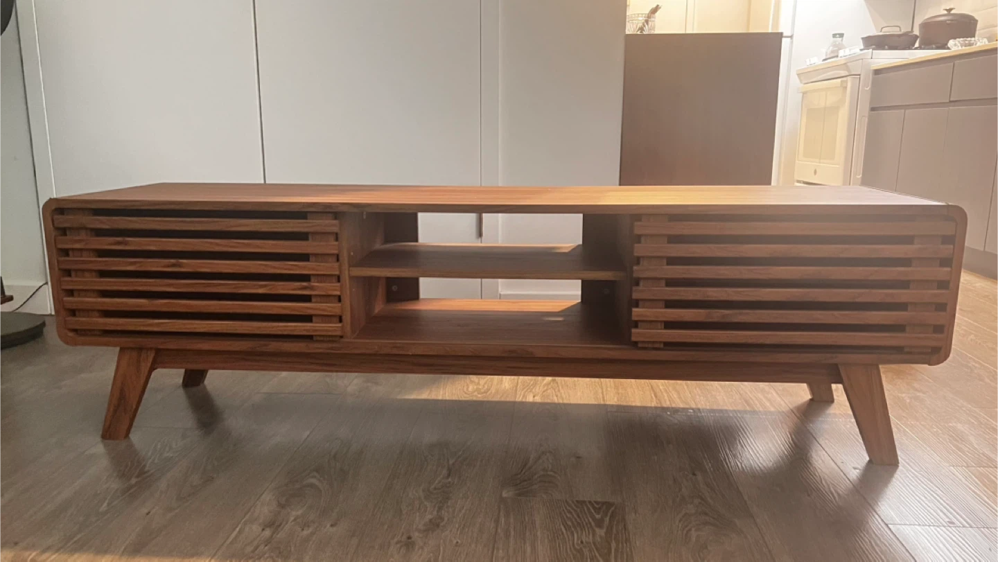 Mid-Century Modern Wood TV Stand with Sliding Doors