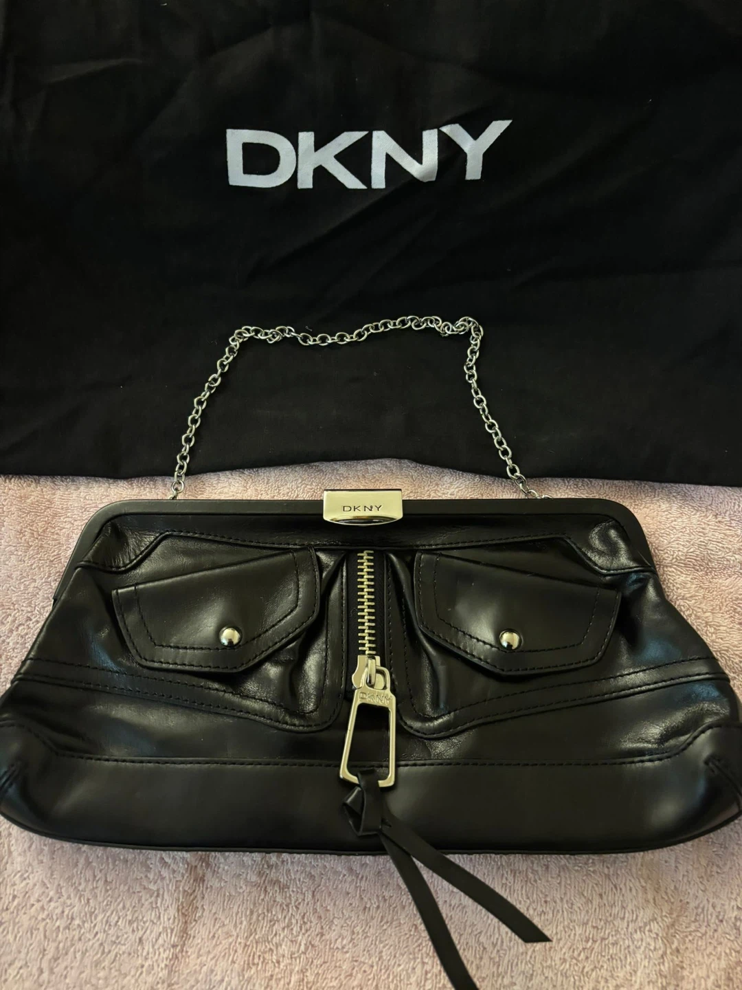DKNY Black Leather Clutch with Silver Chain