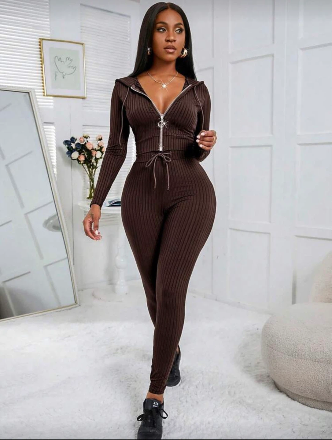 Women's Brown Ribbed Hoodie & Leggings Set