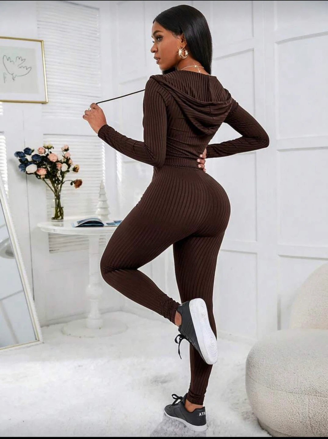 Women's Brown Ribbed Hoodie & Leggings Set - photo 2