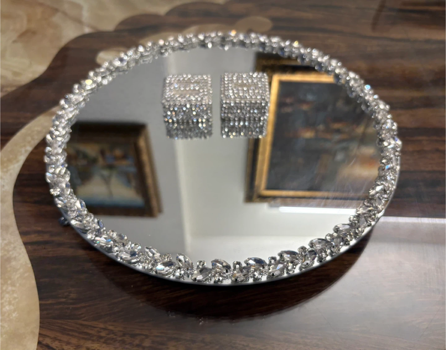 Round mirror tray with silver glass crystal rhinestone trim