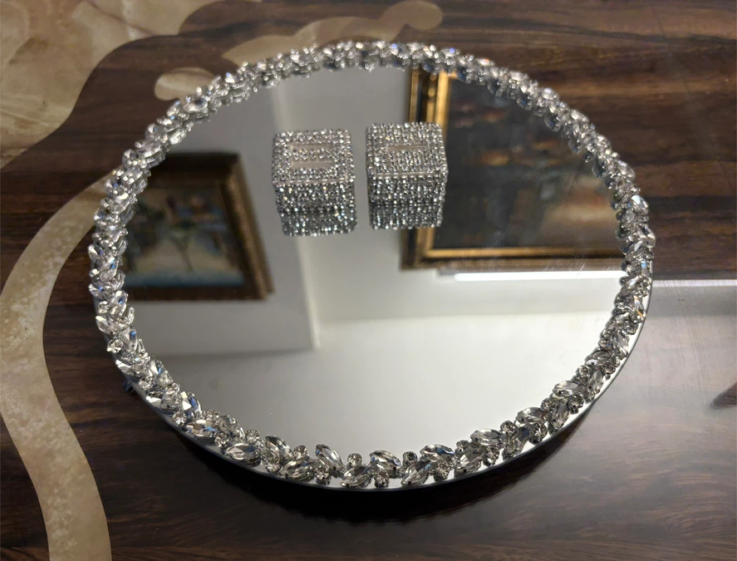 Round mirror tray with silver glass crystal rhinestone trim - photo 5