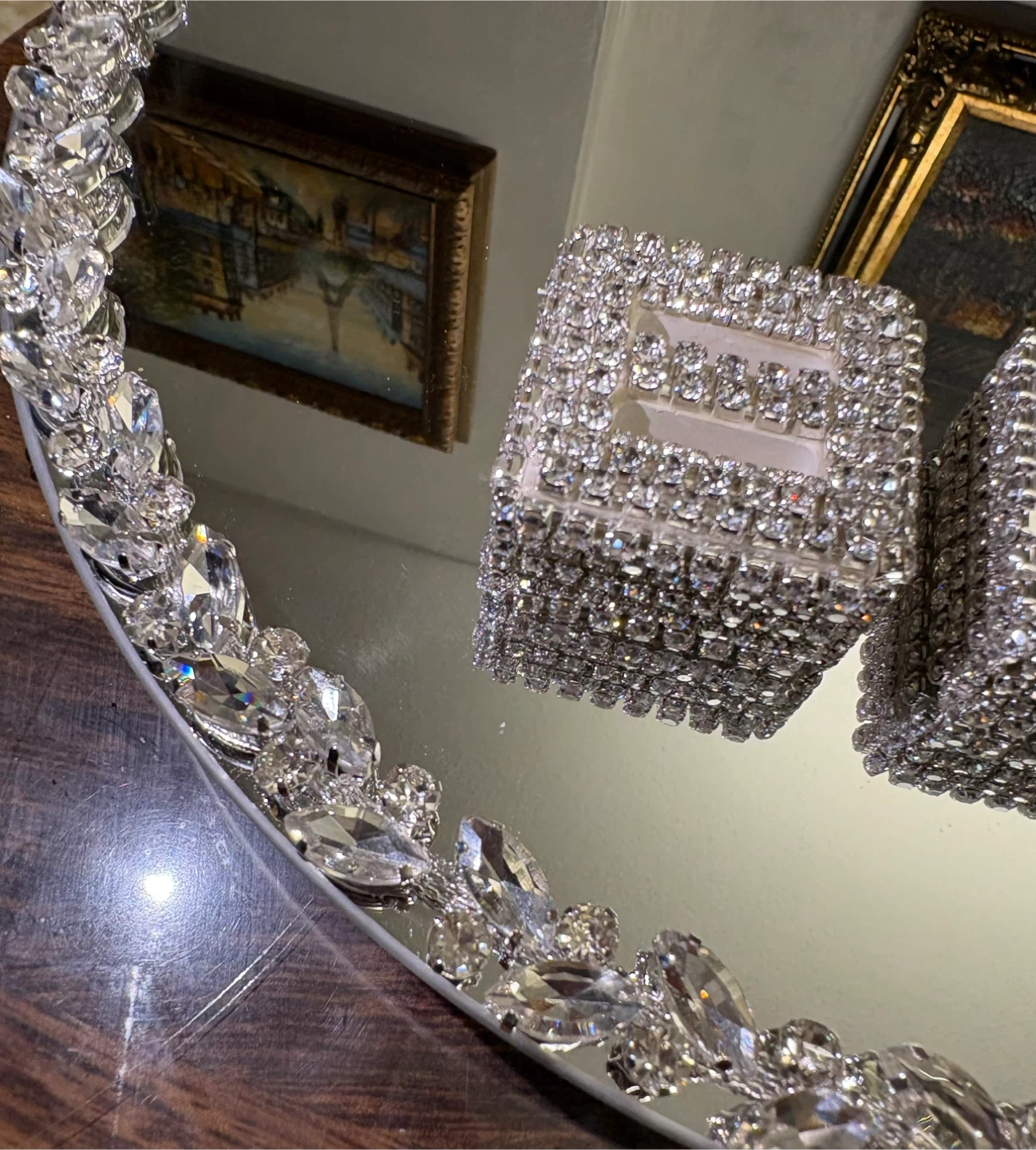 Round mirror tray with silver glass crystal rhinestone trim - photo 4