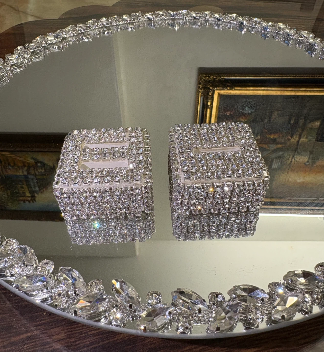 Round mirror tray with silver glass crystal rhinestone trim - photo 2