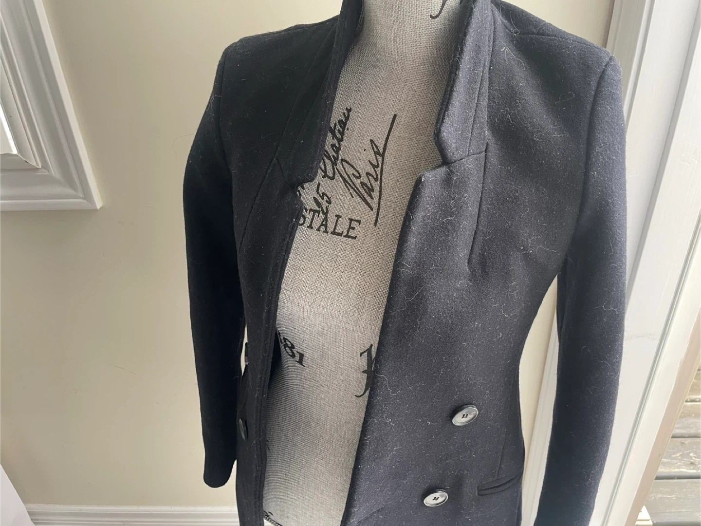 Women's Black Wool Blend Double Breasted xs Coat - photo 3