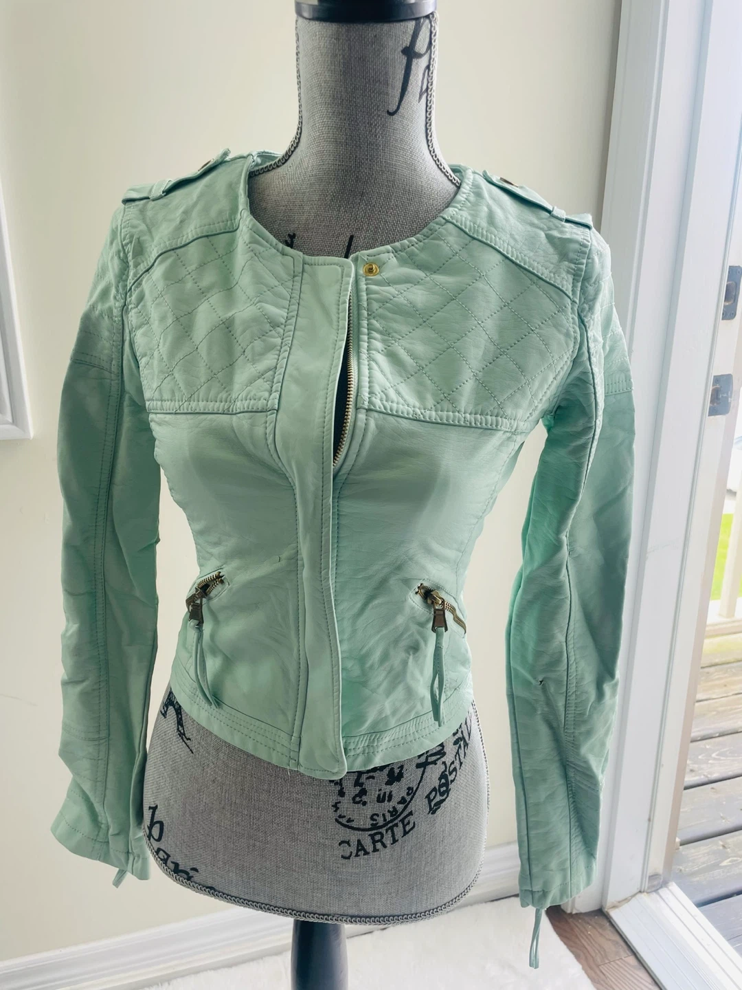 Mint Green Quilted Moto Jacket xs