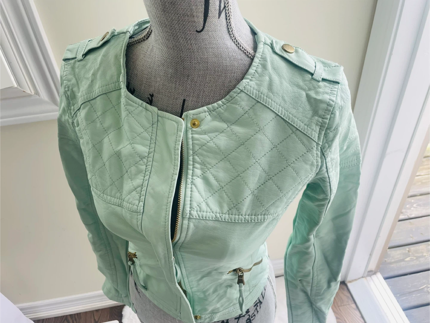 Mint Green Quilted Moto Jacket xs - photo 2