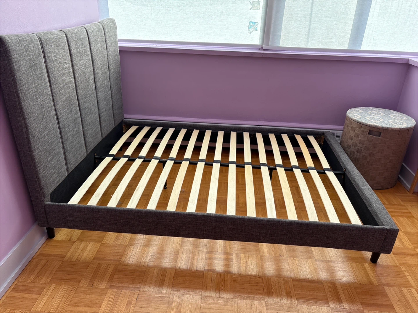 Grey Upholstered Bed Frame with Wooden Slats - photo 2